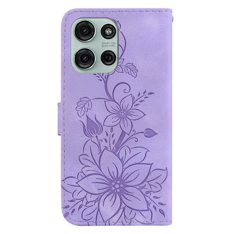 For Motorola Moto G75 5G Case Lily Flower Imprint Leather Phone Cover with Stand - Purple