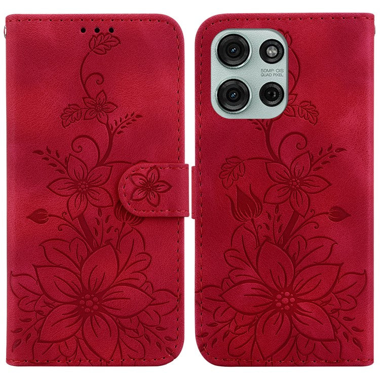 For Motorola Moto G75 5G Case Lily Flower Imprint Leather Phone Cover with Stand - Red