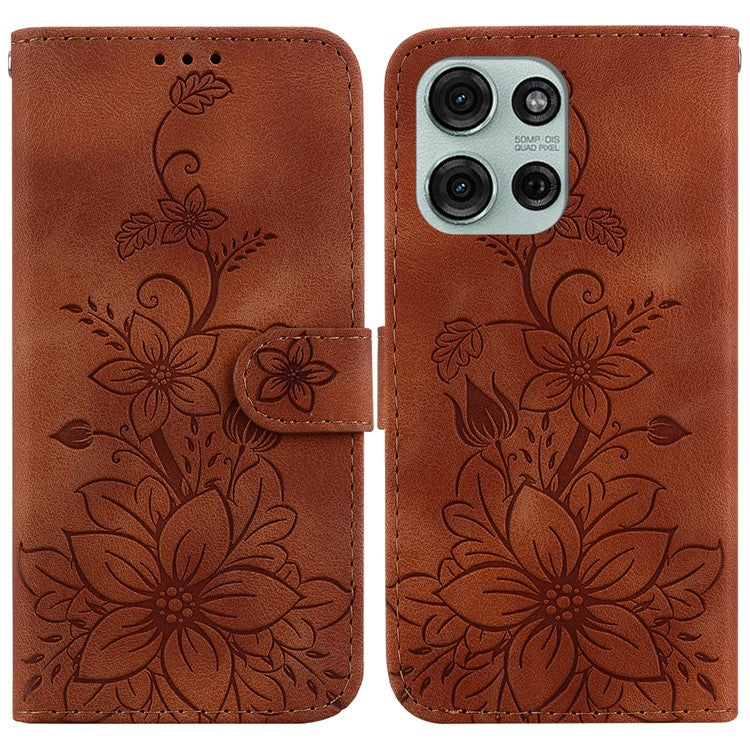 For Motorola Moto G75 5G Case Lily Flower Imprint Leather Phone Cover with Stand - Brown