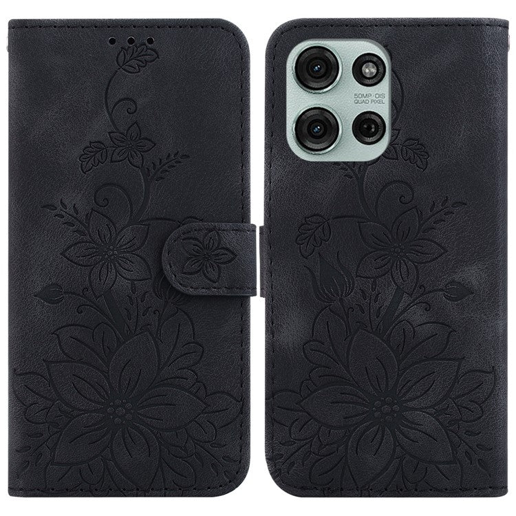 For Motorola Moto G75 5G Case Lily Flower Imprint Leather Phone Cover with Stand - Black