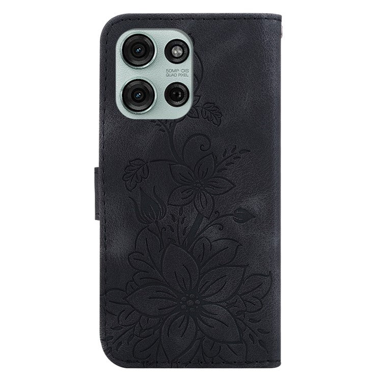 For Motorola Moto G75 5G Case Lily Flower Imprint Leather Phone Cover with Stand - Black