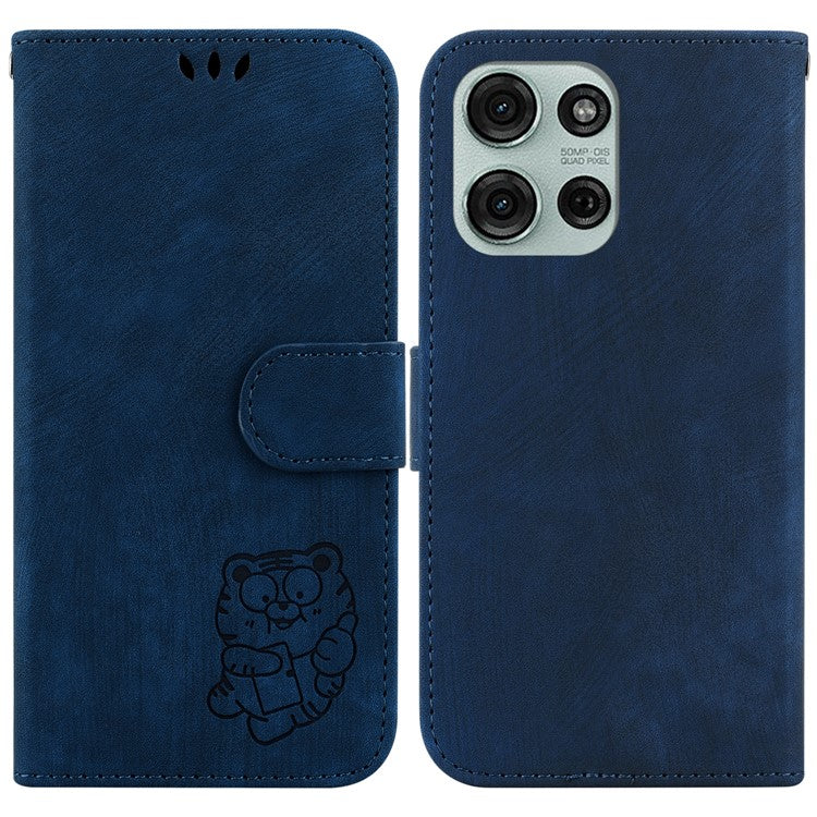 For Motorola Moto G75 5G Wallet Case Tiger Imprint Leather Shockproof Phone Cover - Dark Blue