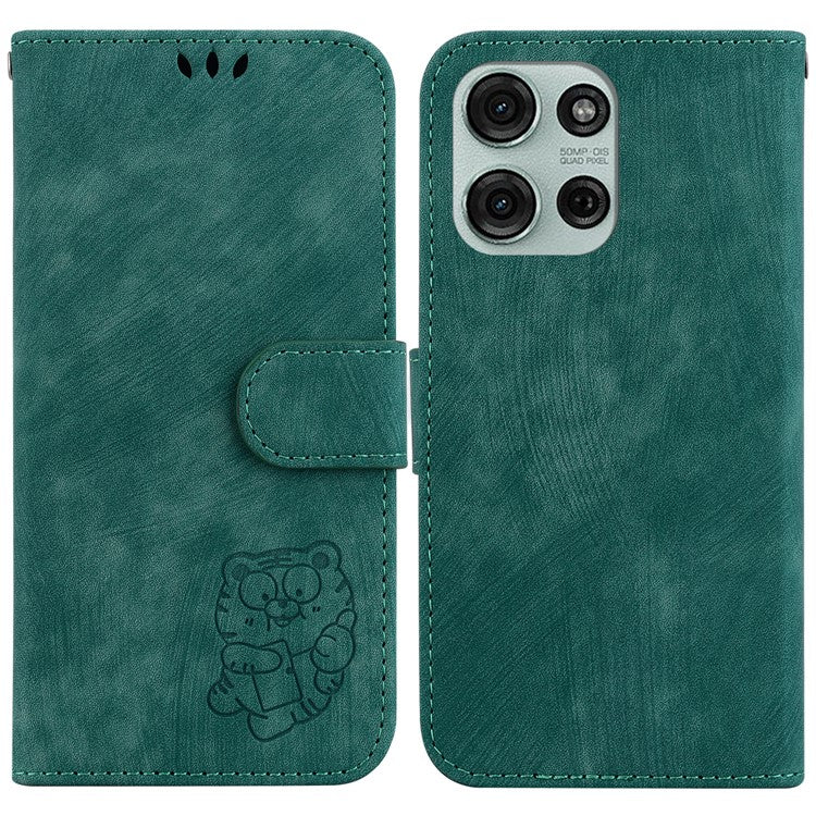 For Motorola Moto G75 5G Wallet Case Tiger Imprint Leather Shockproof Phone Cover - Green