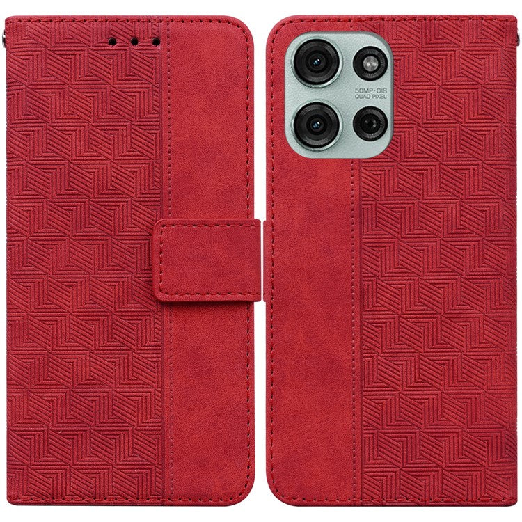 For Motorola Moto G75 5G Case Geometry Pattern Leather Wallet Phone Cover - Red
