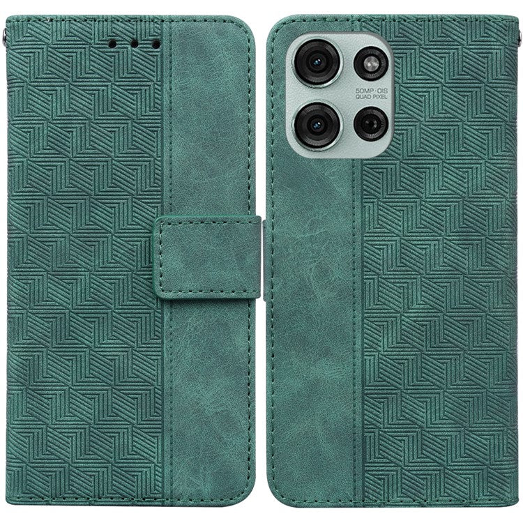 For Motorola Moto G75 5G Case Geometry Pattern Leather Wallet Phone Cover - Green