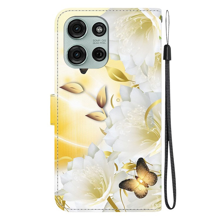 For Motorola Moto G75 5G Wallet Phone Case Anti-Drop Leather Flip Cover Pattern Printing - Gold Butterfly Flower