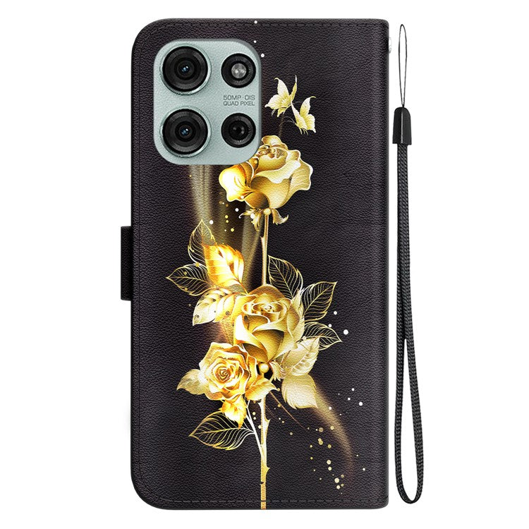 For Motorola Moto G75 5G Wallet Phone Case Anti-Drop Leather Flip Cover Pattern Printing - Gold Butterfly Rose