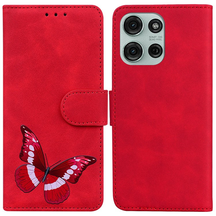 For Motorola Moto G75 5G Stand Case PU Leather Phone Cover Butterfly Printed - Red
