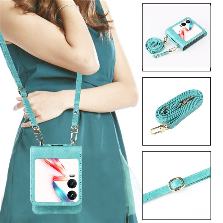 For Infinix Zero Flip 5G X6962 Case Card Slots Leather Phone Cover with Lanyard - Green