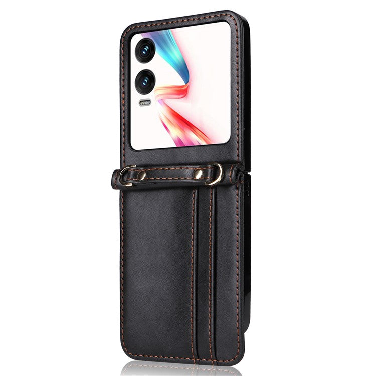 For Infinix Zero Flip 5G X6962 Case Card Slots Leather Phone Cover with Lanyard - Black