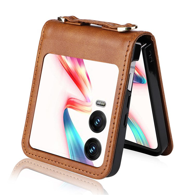For Infinix Zero Flip 5G X6962 Case Card Slots Leather Phone Cover with Lanyard - Brown
