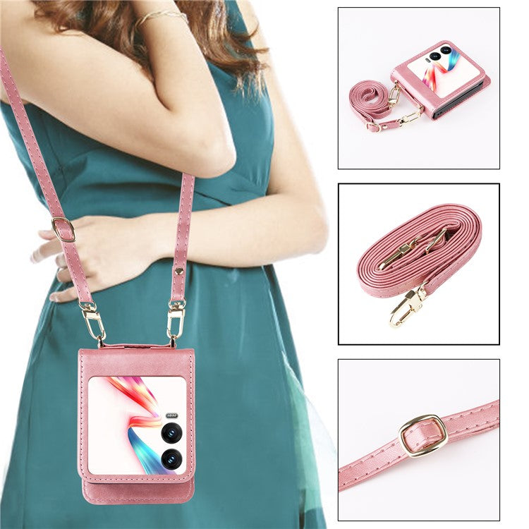 For Infinix Zero Flip 5G X6962 Case Card Slots Leather Phone Cover with Lanyard - Pink