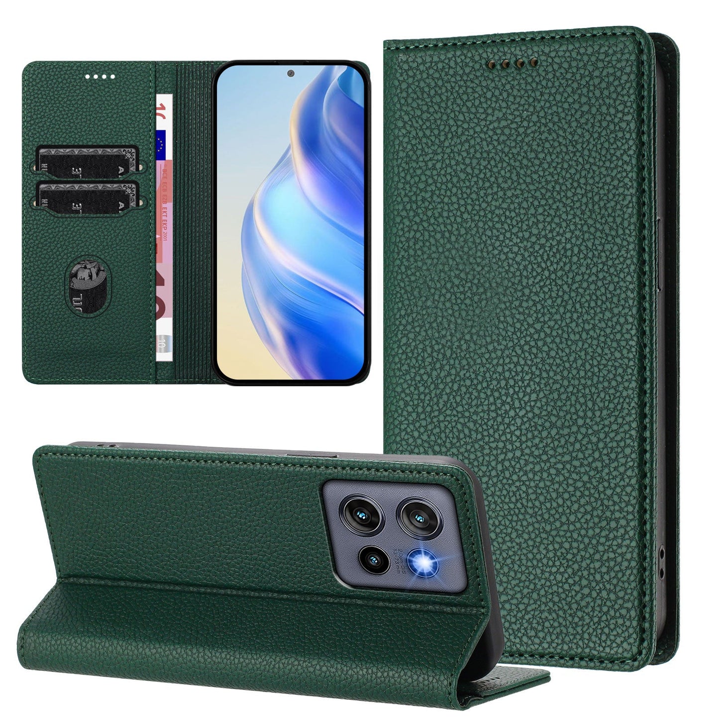 For Motorola Edge 50 Neo 5G Wallet Case RFID Blocking Litchi Texture Leather Mobile Cover - Dark Green