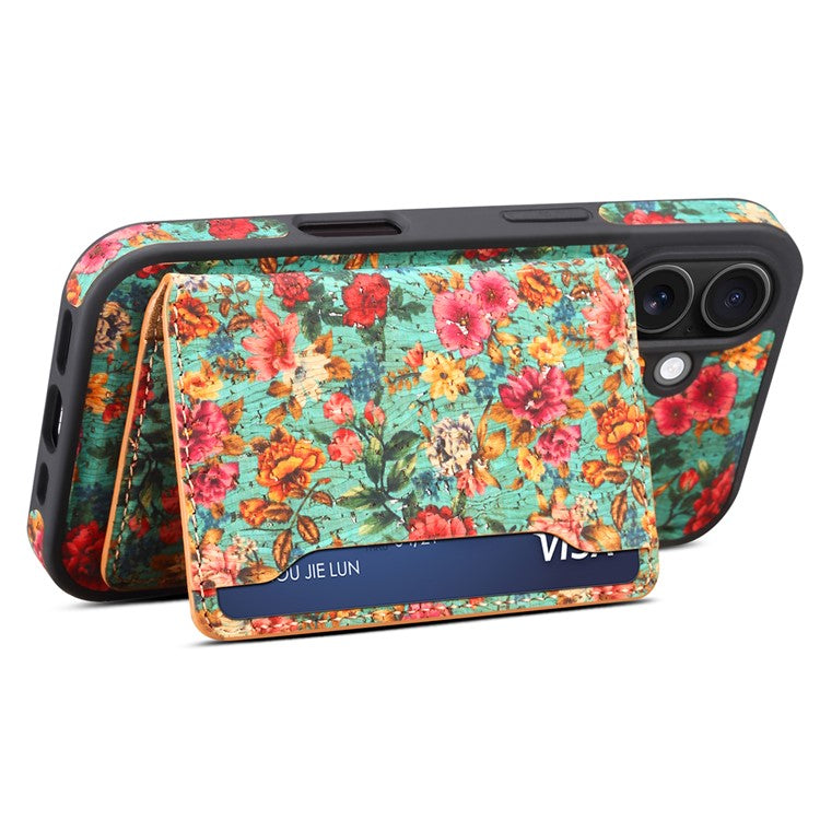 D16 For iPhone 16 Plus Magnetic Case Detachable Card Bag Flower Leather Back Cover - Blue