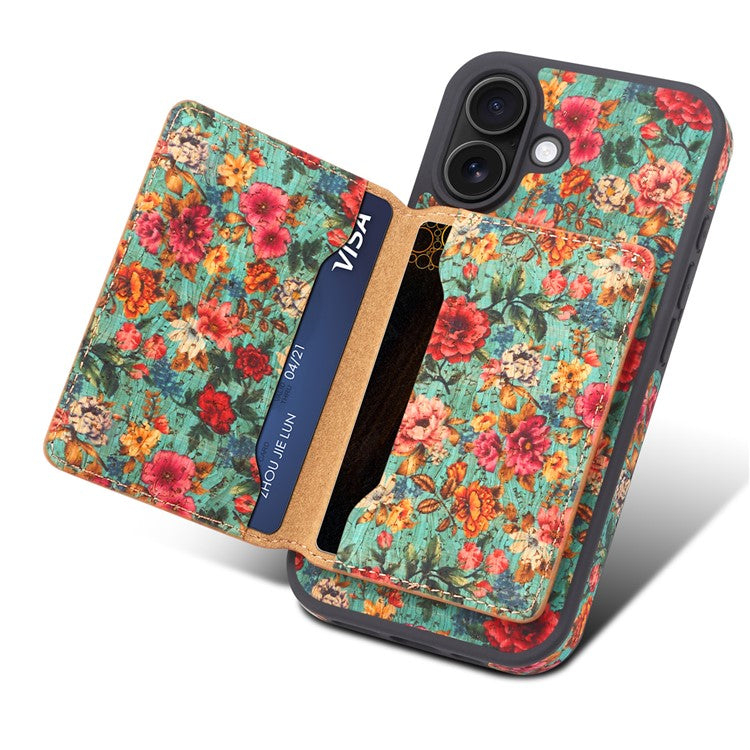 D16 For iPhone 16 Plus Magnetic Case Detachable Card Bag Flower Leather Back Cover - Blue