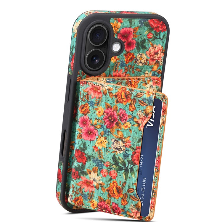 D16 For iPhone 16 Plus Magnetic Case Detachable Card Bag Flower Leather Back Cover - Blue