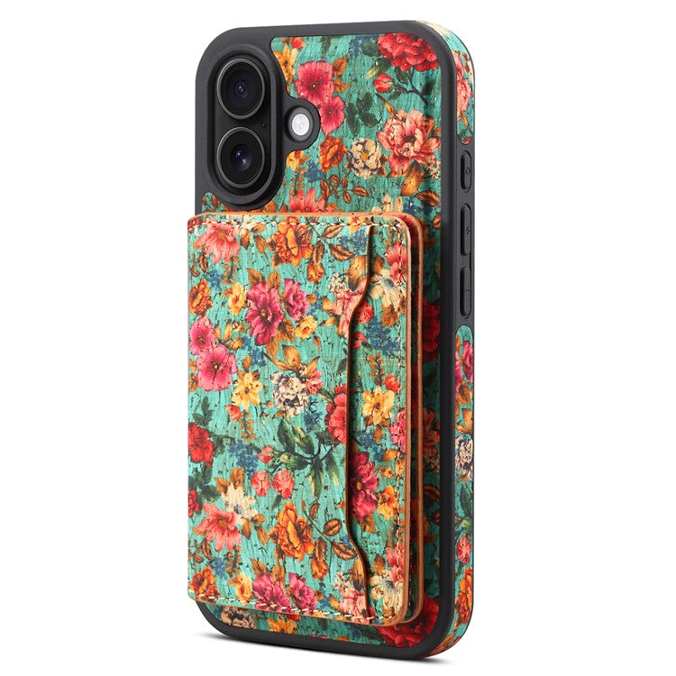 D16 For iPhone 16 Plus Magnetic Case Detachable Card Bag Flower Leather Back Cover - Blue