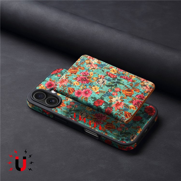 D16 For iPhone 16 Plus Magnetic Case Detachable Card Bag Flower Leather Back Cover - Blue