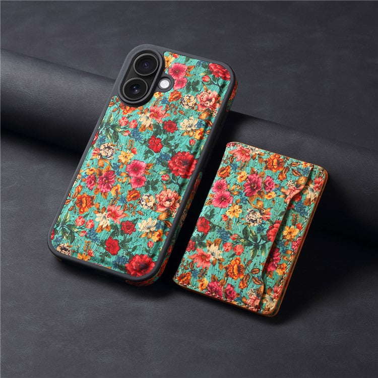 D16 For iPhone 16 Plus Magnetic Case Detachable Card Bag Flower Leather Back Cover - Blue