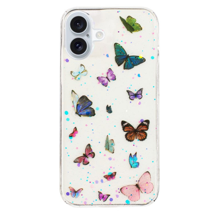 For iPhone 16 Case Anti Drop TPU Phone Back Cover Epoxy Glitter Butterfly - Blue