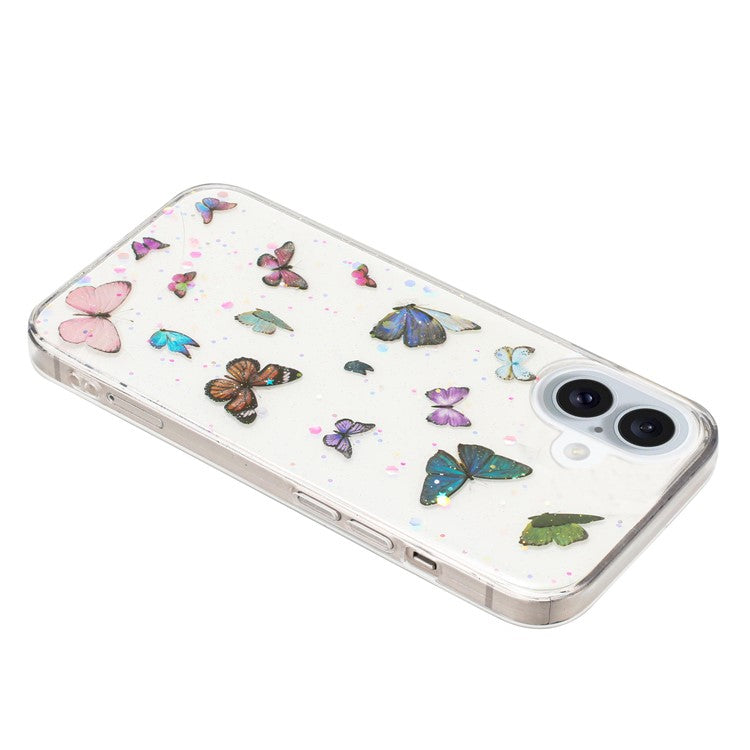 For iPhone 16 Case Anti Drop TPU Phone Back Cover Epoxy Glitter Butterfly - Blue
