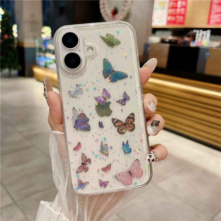 For iPhone 16 Case Anti Drop TPU Phone Back Cover Epoxy Glitter Butterfly - Blue