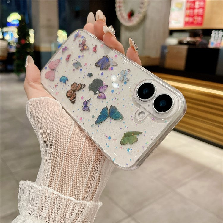 For iPhone 16 Case Anti Drop TPU Phone Back Cover Epoxy Glitter Butterfly - Blue