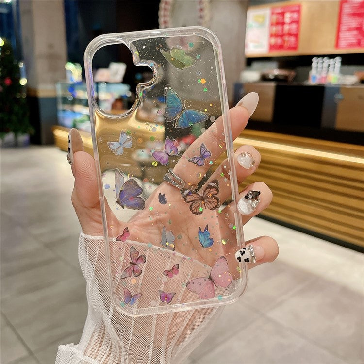For iPhone 16 Case Anti Drop TPU Phone Back Cover Epoxy Glitter Butterfly - Blue