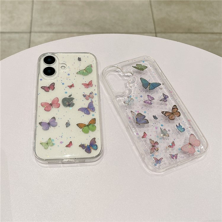 For iPhone 16 Case Anti Drop TPU Phone Back Cover Epoxy Glitter Butterfly - Blue