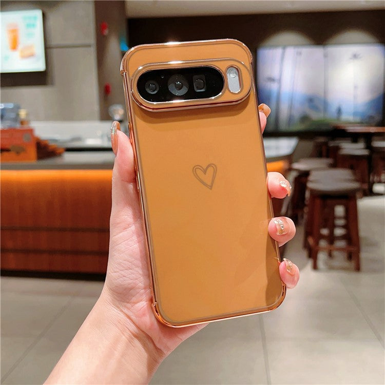For Google Pixel 9 Pro XL Case Love Heart Pattern TPU Phone Cover Electroplating Edge - Brown