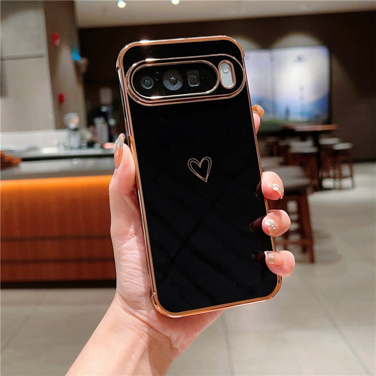 For Google Pixel 9 Pro XL Case Love Heart Pattern TPU Phone Cover Electroplating Edge - Black