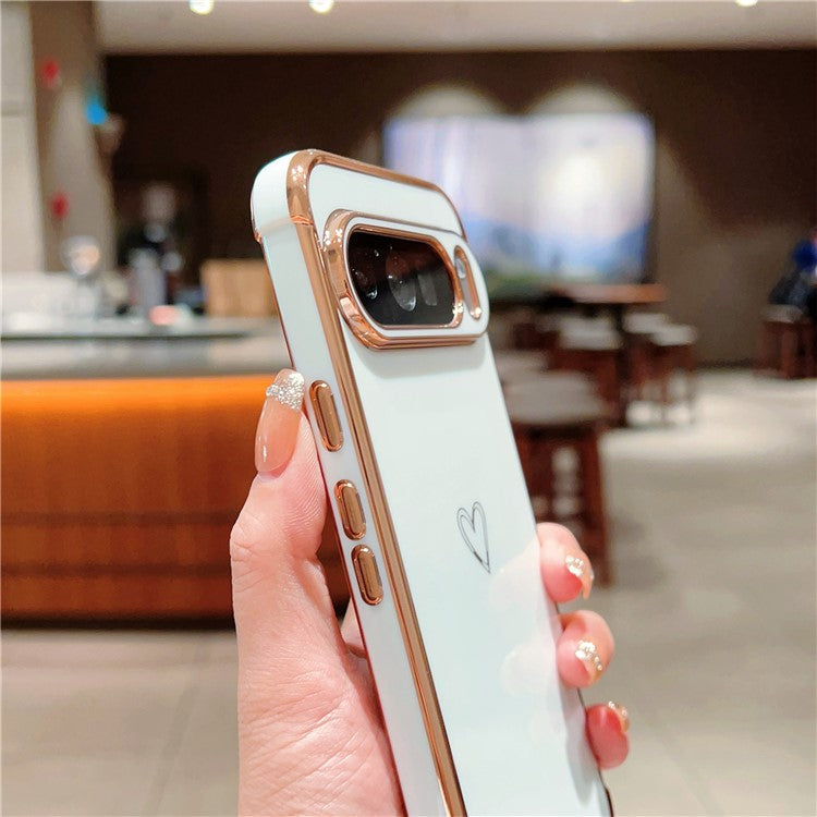 For Google Pixel 9 Pro XL Case Love Heart Pattern TPU Phone Cover Electroplating Edge - Ivory White