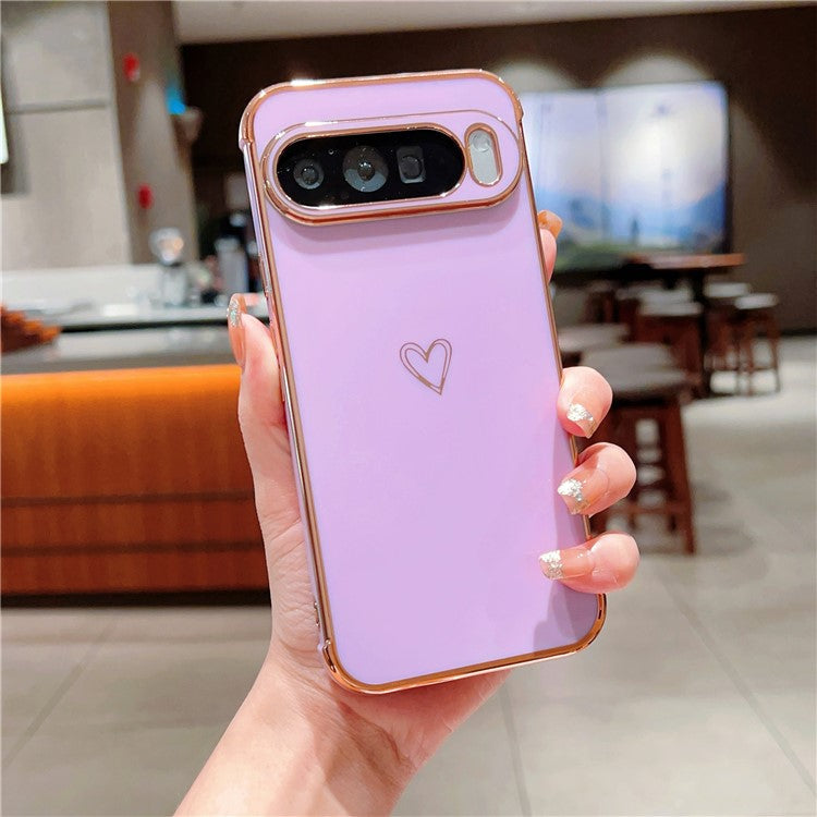 For Google Pixel 9 Pro XL Case Love Heart Pattern TPU Phone Cover Electroplating Edge - Purple