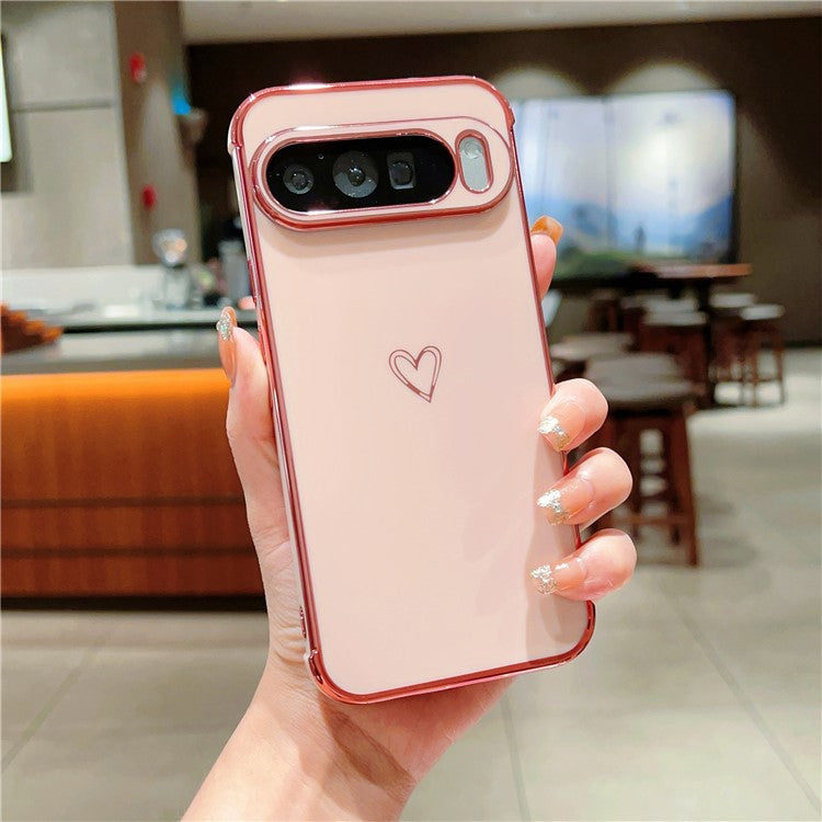 For Google Pixel 9 Pro XL Case Love Heart Pattern TPU Phone Cover Electroplating Edge - Pink