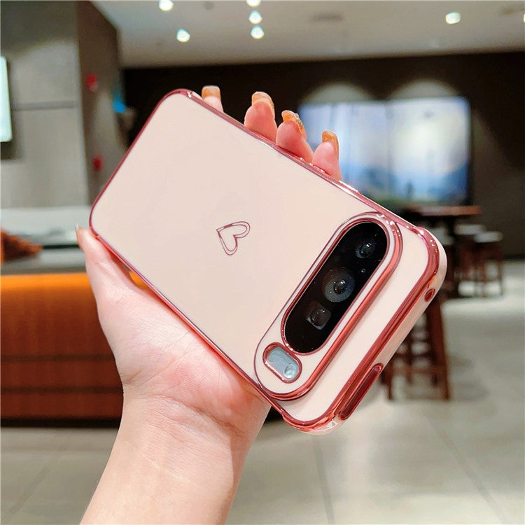 For Google Pixel 9 Pro XL Case Love Heart Pattern TPU Phone Cover Electroplating Edge - Pink
