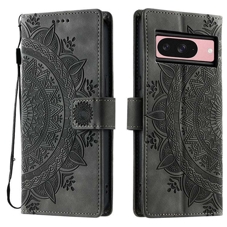 Style 018 For Google Pixel 9 Pro  /  Pixel 9 Case Imprinted Totem Skin Feel Wallet Leather Phone Cover - Grey