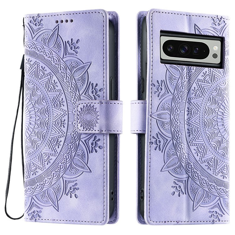 Style 018 For Google Pixel 9 Pro XL Case Imprinted Totem Skin Feel Wallet Leather Phone Cover - Purple