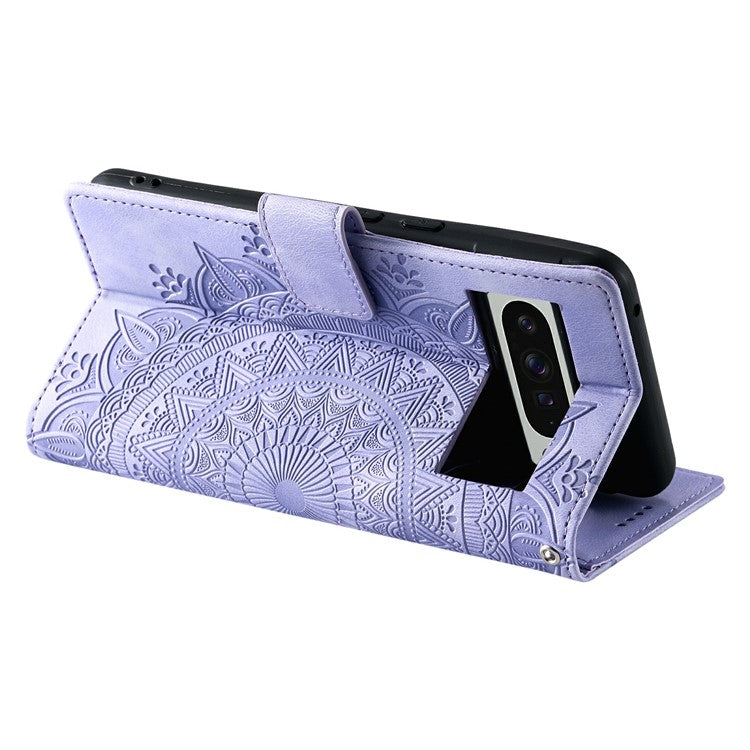 Style 018 For Google Pixel 9 Pro XL Case Imprinted Totem Skin Feel Wallet Leather Phone Cover - Purple