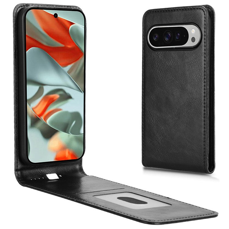 For Google Pixel 9 Case with Card Slot Magnetic Vertical Flip Leather Phone Cover - Black