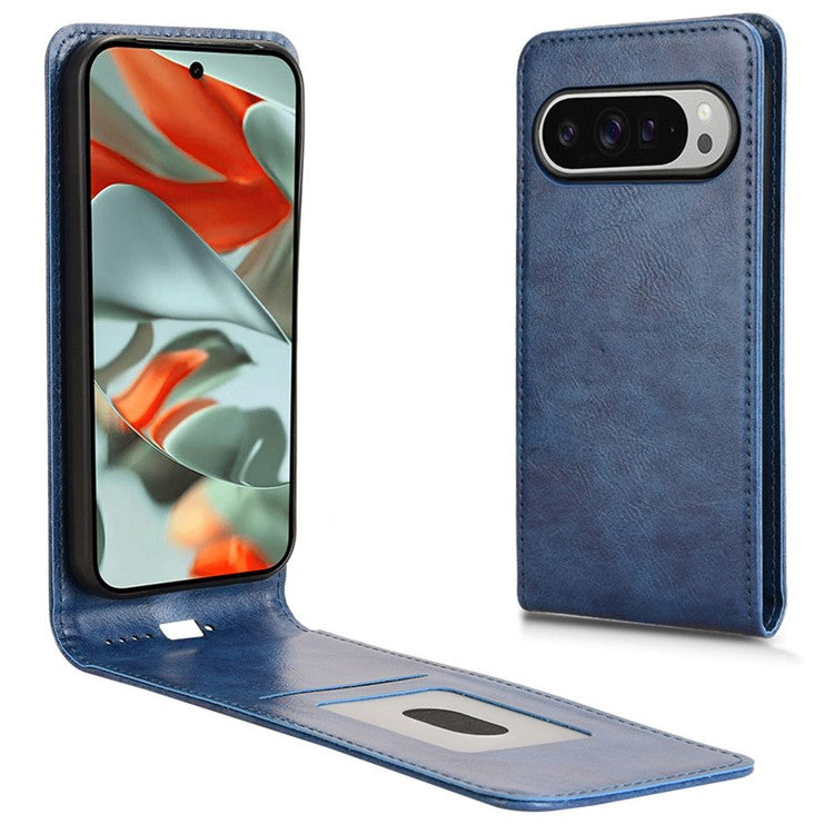 For Google Pixel 9 Case with Card Slot Magnetic Vertical Flip Leather Phone Cover - Dark Blue