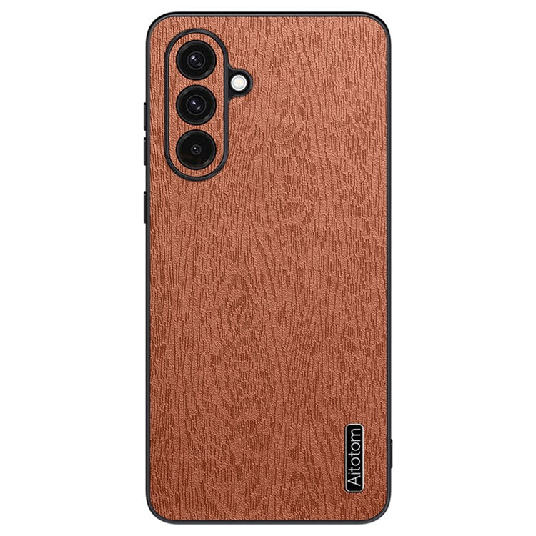 For Samsung Galaxy A36 5G Case Wood Texture PU Leather Coated PC+TPU Phone Cover - Brown