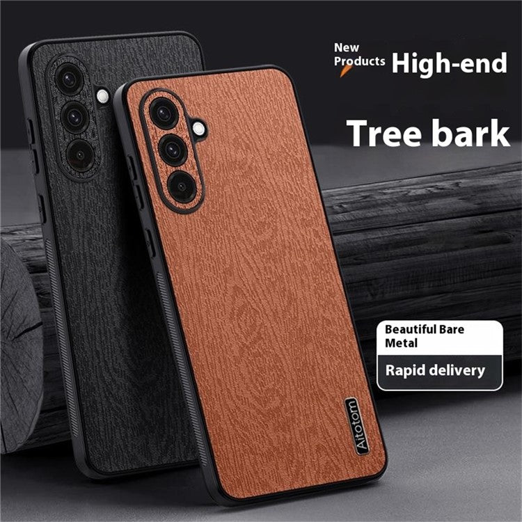 For Samsung Galaxy A36 5G Case Wood Texture PU Leather Coated PC+TPU Phone Cover - Brown