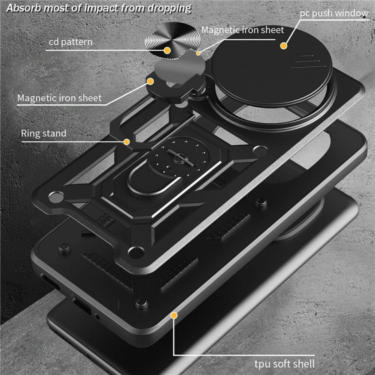 For Infinix Zero 40 4G Case with Slide Camera Lid PC+TPU Kickstand Phone Cover - Silver