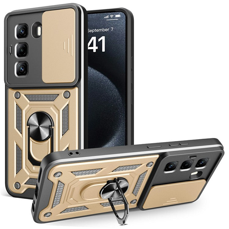 For Infinix Hot 50 Pro 4G Case with Slide Camera Lid PC+TPU Kickstand Phone Cover - Gold