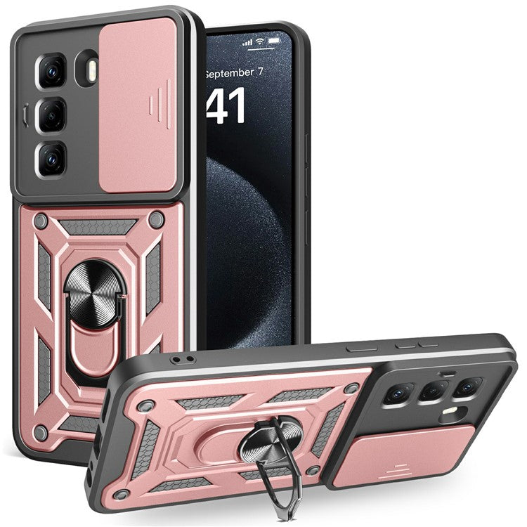 For Infinix Hot 50 Pro 4G Case with Slide Camera Lid PC+TPU Kickstand Phone Cover - Rose Gold