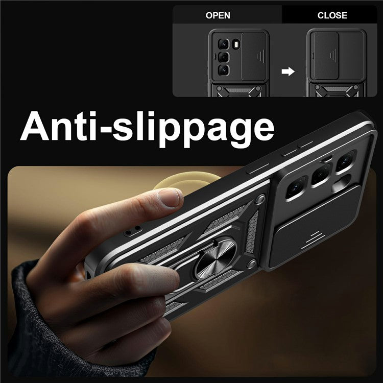 For Infinix Hot 50 Pro 4G Case with Slide Camera Lid PC+TPU Kickstand Phone Cover - Silver