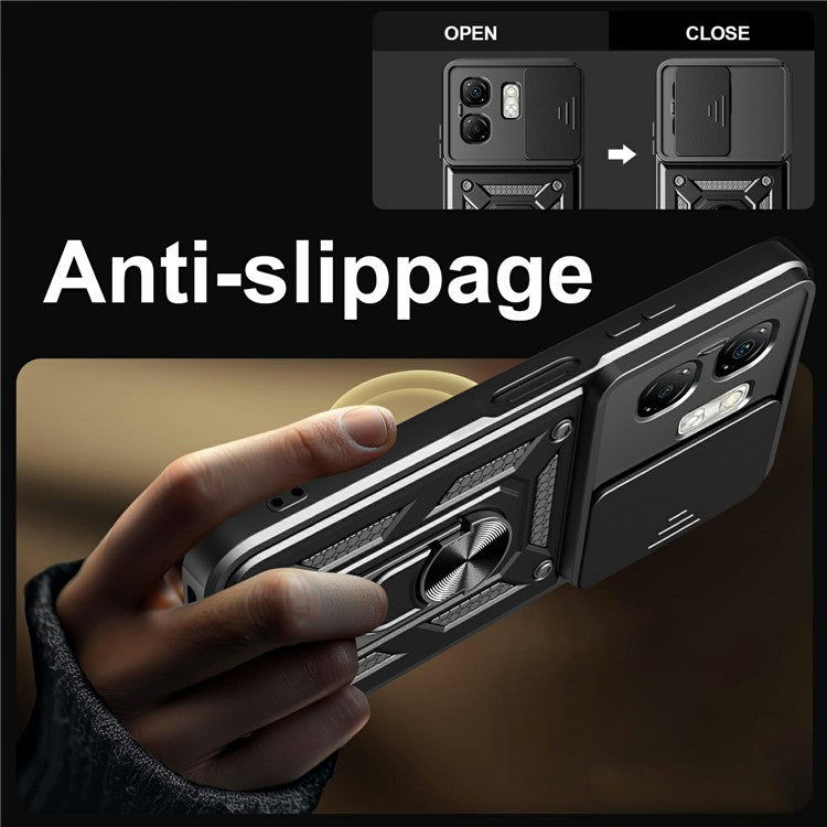 For Infinix Hot 50i 4G / Smart 9 4G Case with Slide Camera Lid PC+TPU Kickstand Phone Cover - Black