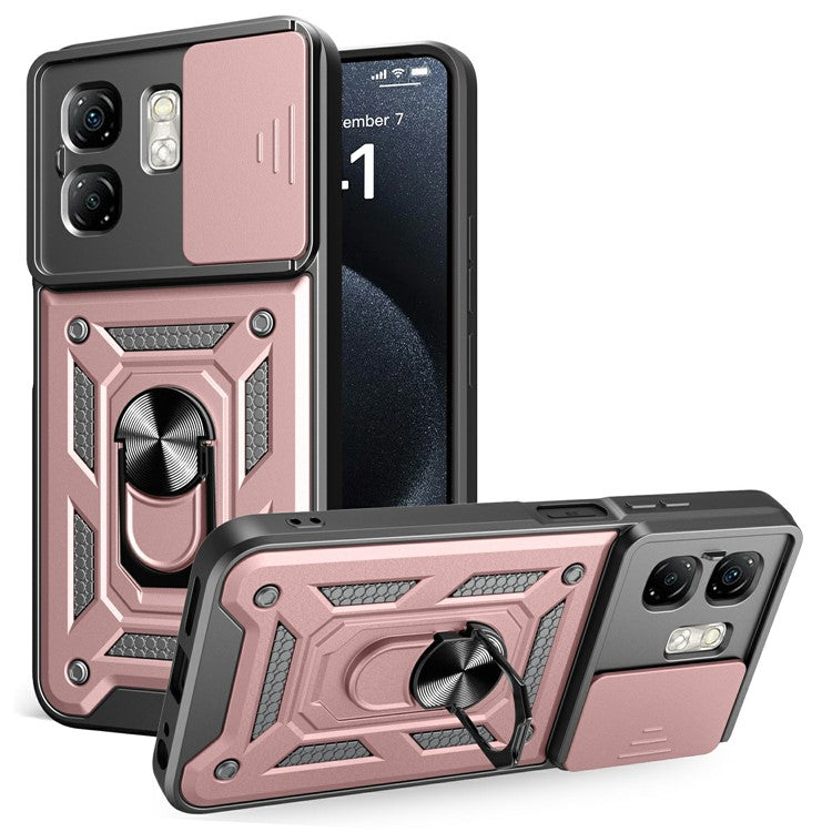 For Infinix Hot 50i 4G / Smart 9 4G Case with Slide Camera Lid PC+TPU Kickstand Phone Cover - Rose Gold