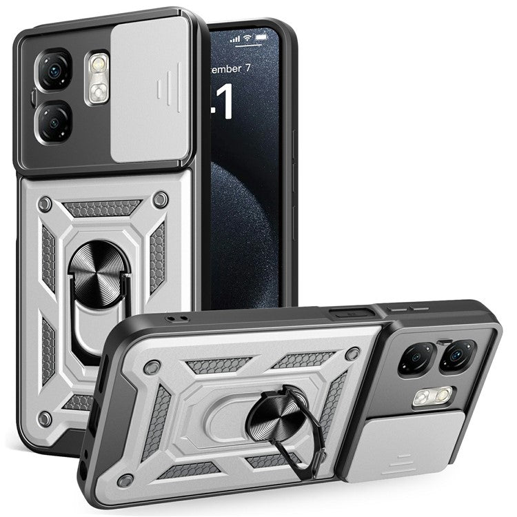 For Infinix Hot 50i 4G / Smart 9 4G Case with Slide Camera Lid PC+TPU Kickstand Phone Cover - Silver