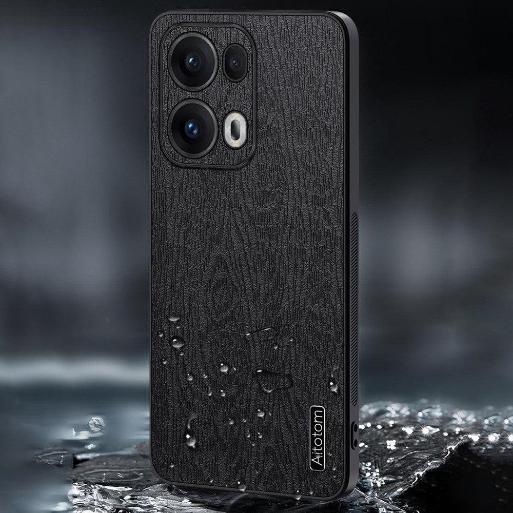 For Oppo Reno13 Pro 5G Case Wood Texture PU Leather Coated PC+TPU Phone Cover - Grey